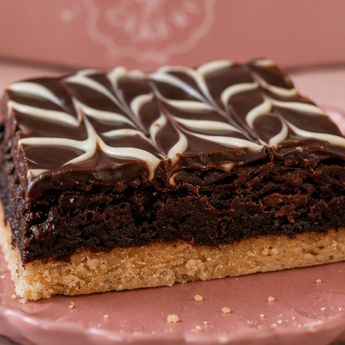 A square chocolate brownie with a dark chocolate layer, a shortbread crumb base, and a glossy top decorated with white chocolate swirls, served on a pink plate against a pink background.